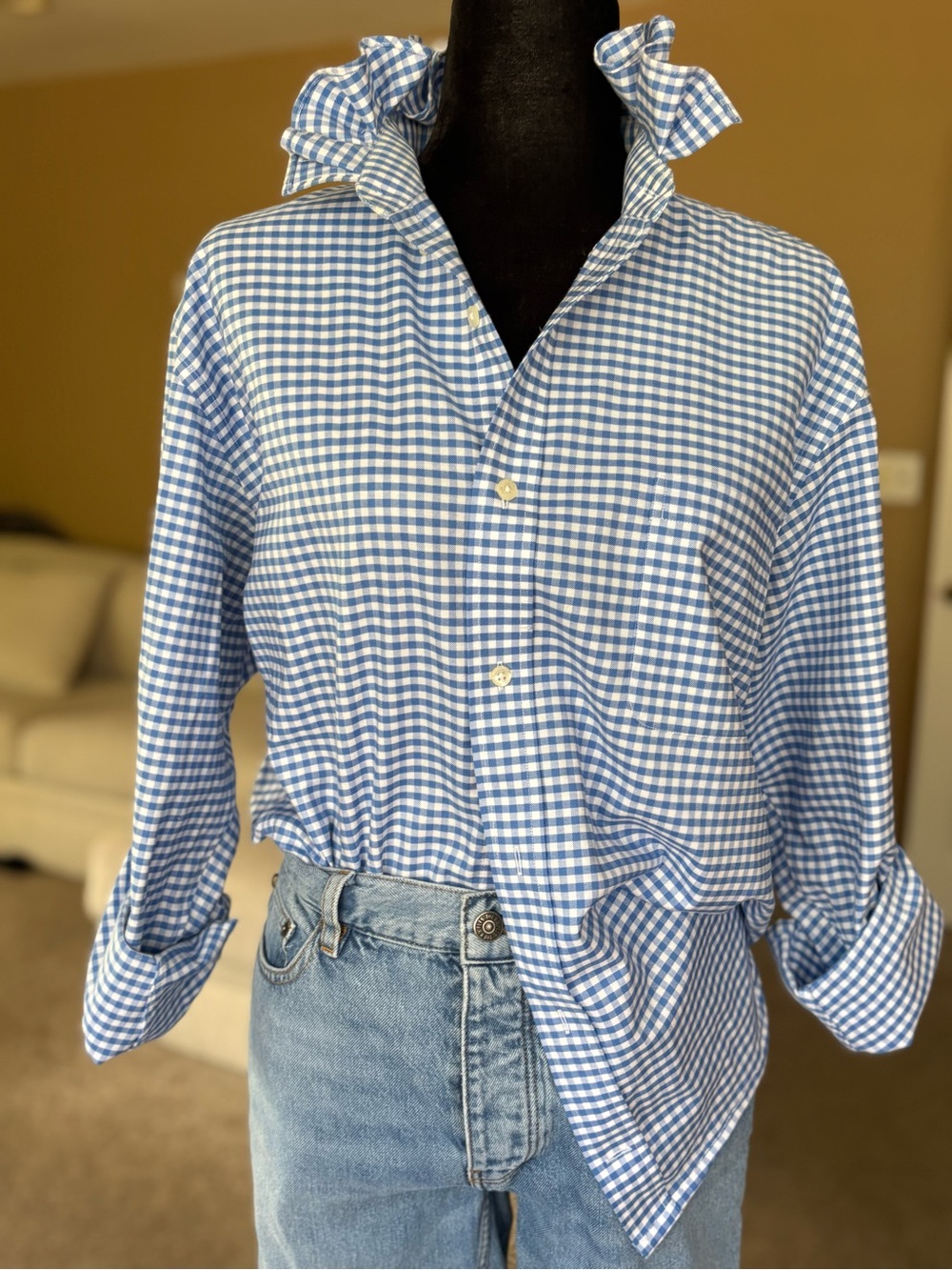 Reworked Land’s End Blue Gingham Ruffle-Collar Button-Up Shirt Size L/XL